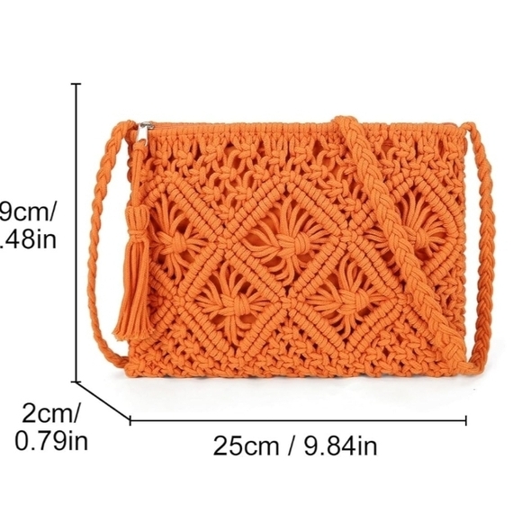 Sunset Orange Knit Macrame Purse Coastal Boho Chic Tassel Crossbody Purse - Picture 6 of 6